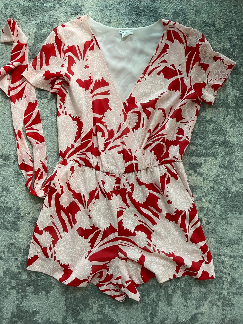 Red and Cream Floral Wrap Romper